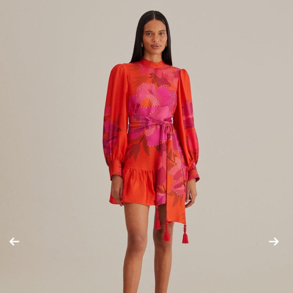 FARM RIO red peony long sleeve mini dress